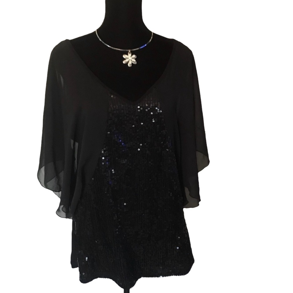 Seven7 Luxe Women’s Black Layered Sheer Sequined Tunic Top Size 14/16